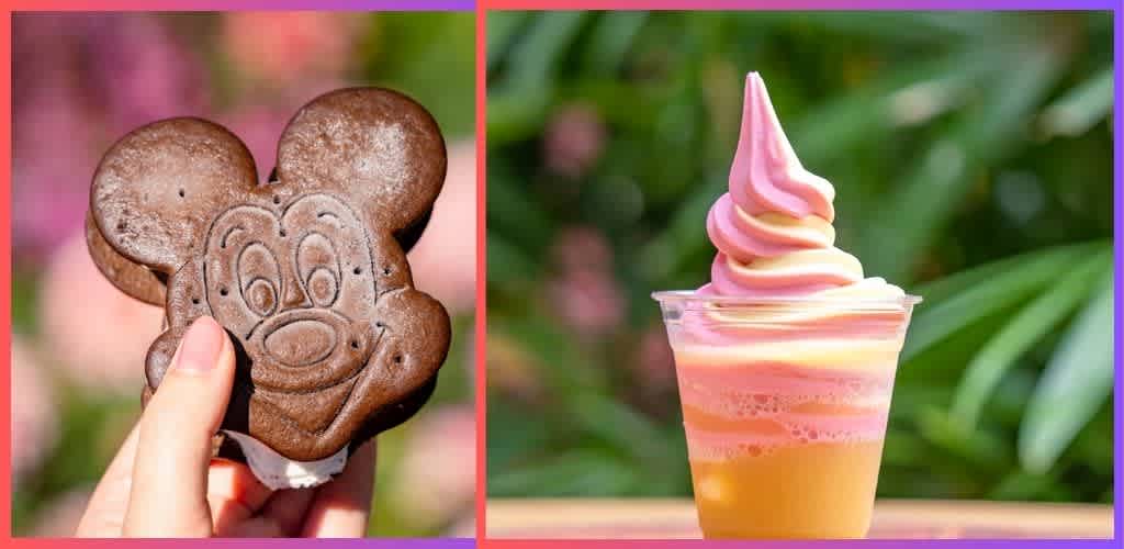 A hand holding a Mickey Mouse-shaped chocolate cookie on the left side and a colorful swirl of pink and yellow soft serve ice cream in a cup on the right side.