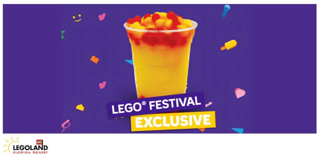 A colorful image featuring a yellow drink with red and yellow toppings, surrounded by small playful shapes on a purple background promoting LEGO Festival exclusive at LEGOLAND Florida Resort.