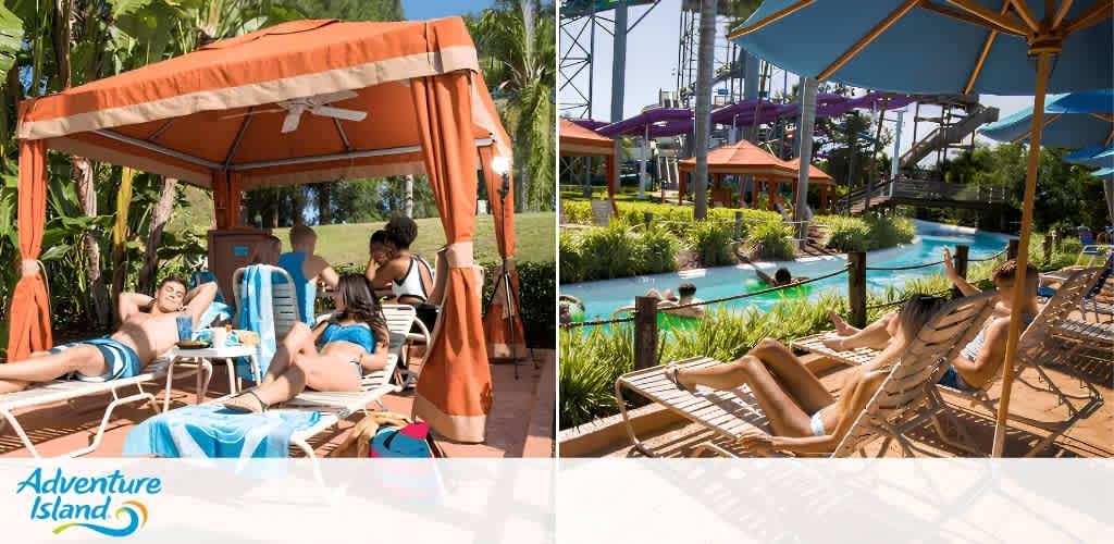 Two smartphone screens showing water park map and attraction photo labeled 