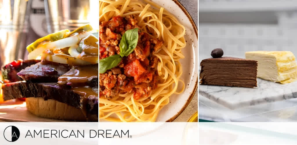 A plate with beef brisket and gravy, a bowl of spaghetti with meat sauce, and slices of chocolate and vanilla cheesecake on a marble surface