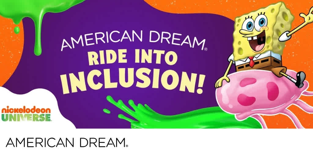 A colorful background featuring SpongeBob SquarePants with vibrant purple and orange colors and green slime, promoting inclusivity at Nickelodeon Universe.