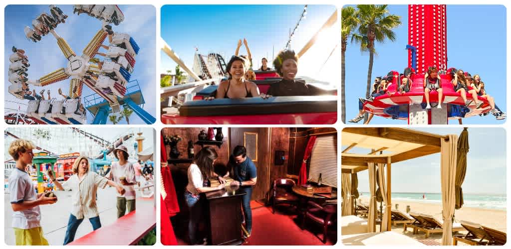People enjoying amusement rides, dining indoors, chatting at a bar, and relaxing on a beach cabana.