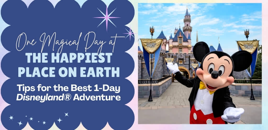A smiling Mickey Mouse in a tuxedo standing in front of Sleeping Beauty Castle at Disneyland with a purple and blue background and white text overlay