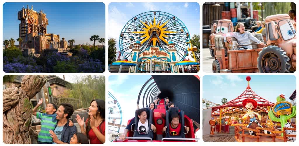 Guests enjoying rides and attractions at an amusement park with Ferris wheel, roller coaster, and themed rides for fun and entertainment.