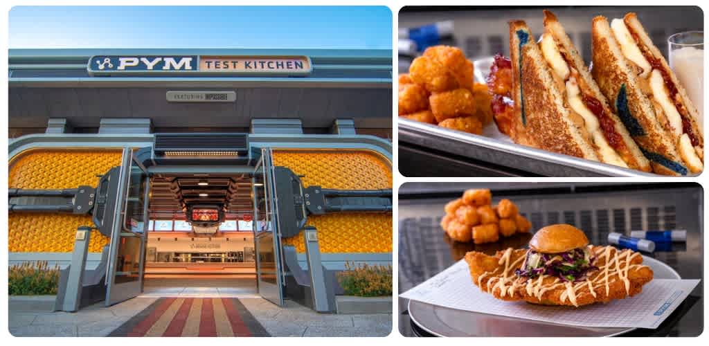 Test Kitchen entrance at PYM with fried chicken and sandwiches on trays available nearby