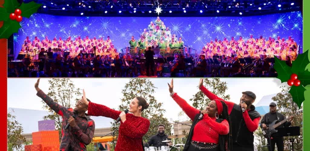 Christmas concert with a choir on stage and four performers singing outdoors in festive red and black attire with holiday decorations.