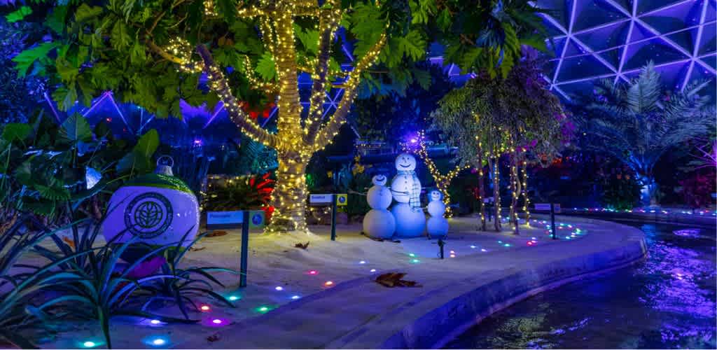 A snowy scene inside a botanical garden features illuminated snowmen, a large tree with string lights, colorful pathway lights, and tropical plants under colorful glowing arches.