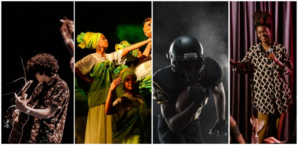 Four diverse performers on stage including a guitarist, traditional dance performers, a football player, and a speaker, each captured in expressive moments.