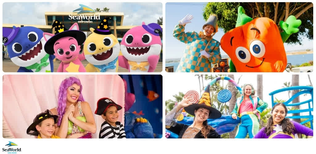 Group of people and costumed characters enjoying themed entertainment and outdoor activities at SeaWorld amusement park.