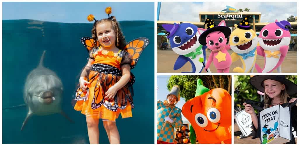A collage of children in costumes at an amusement park, including a girl dressed as a butterfly, a girl in Halloween attire, and kids with colorful character costumes.