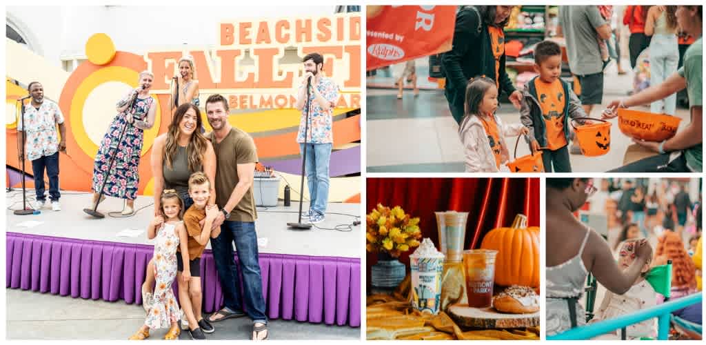 Group of people celebrating at a fall event with pumpkins, autumn decorations, and children in costumes at a fall festival or party