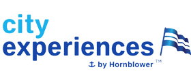 Logo of "City Experiences by Hornblower" with stylized blue wave design.