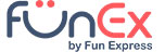 The image displays the logo for FunEx by Fun Express. It consists of the stylized lowercase text 'funEx' with 'fun' in dark blue and 'Ex' in red. Above the 'n' there are two red swoosh designs resembling a smiling face. Below the main text is 'by Fun Express' in smaller grey lettering.