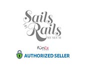 Logo for Sails & Rails, with artistic lettering predominantly in gray, featuring a tagline 'Yacht Sales'. Below, a green lock symbol followed by 'AUTHORIZED SELLER', alluding to authorized dealership status. The design is simple with a touch of sophistication.