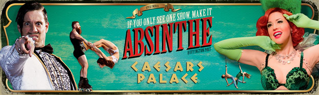 This promotional image for 'Absinthe' at Caesars Palace features a playful and colorful design. On the left, a man in a suit with a vest points forward; on the right, a smiling woman in a green dress and gloves poses with a leg lifted high. The center highlights a muscular performer in mid-air, showcasing acrobatics above a Caesars Palace mention with a vintage touch. The show title 'Absinthe' is prominently displayed at the top with a glowing effect