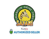 Logo of Franklin Drive Thru Safari featuring a giraffe's head above the name, with the words 'Authorized Seller' beneath. There's a small FunEx logo with a padlock indicating secure purchase to the bottom left. Background is white.