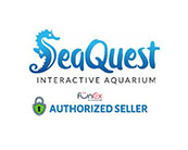 Logo for SeaQuest Interactive Aquarium with a stylized blue seahorse above the text. Below, a green lock icon next to funex.com Authorized Seller. The design conveys aquatic themes and partnership.