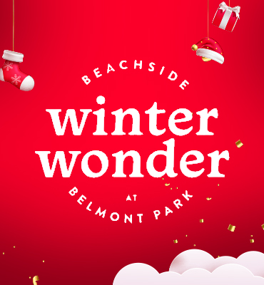 Red poster for "Beachside Winter Wonder" at Belmont Park with Christmas decorations.