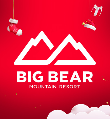 Logo of Big Bear Mountain Resort with festive decorations on a red background.