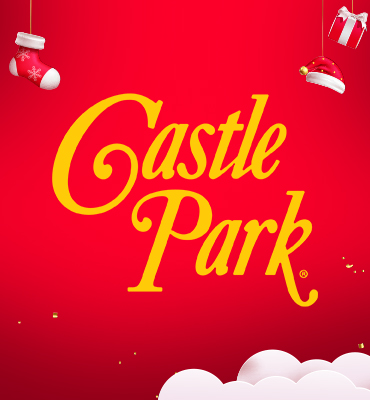 Holiday-themed "Castle Park" logo with festive ornaments against a red backdrop.