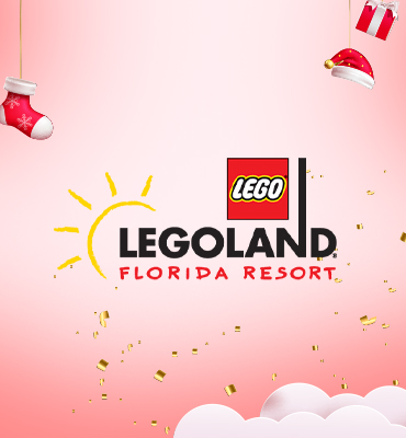 "LEGOLAND Florida Resort logo on a pink background with festive holiday elements."