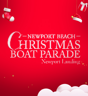 Promotional graphic for Newport Beach Christmas Boat Parade with holiday decorations on a red background.