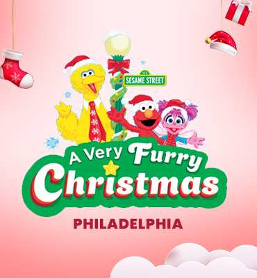 Promo for "A Very Furry Christmas" at Sesame Street, featuring characters and festive decor.