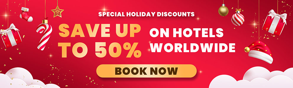 Holiday hotel sale banner with "Save up to 50%" and "Book Now" button.