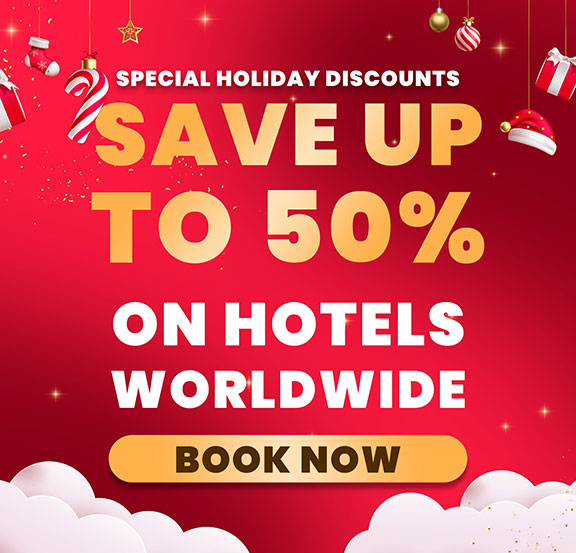 Ad graphic with "Save up to 50% on hotels worldwide" text, holiday theme, "Book Now" button.