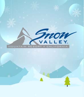 Wintry logo of Snow Valley Mountain Resort with snowy peaks and pine tree.