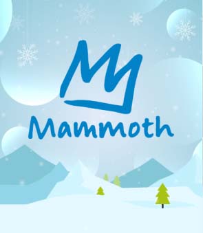 Logo with "Mammoth" over snowy hills and single tree. Snowflakes fall on a blue background.