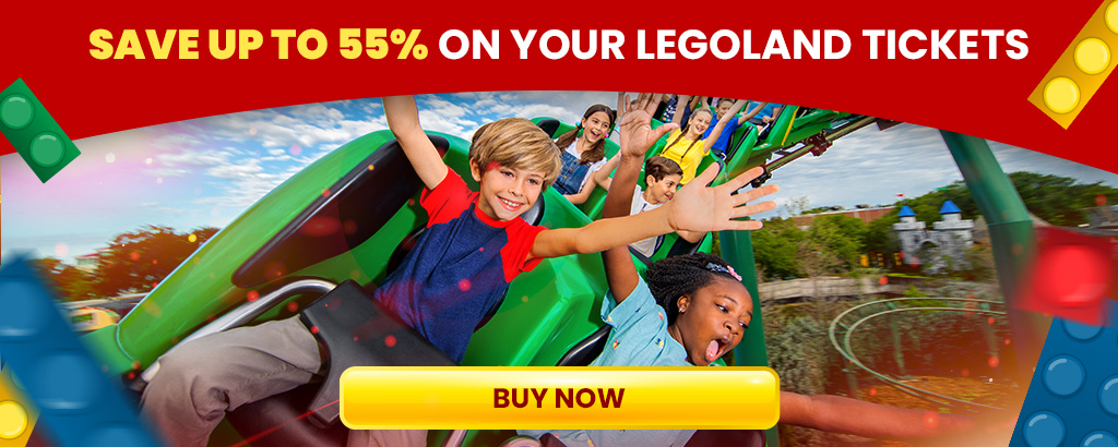 This promotional banner image features a vibrant and exhilarating scene representing excitement at a theme park. In the foreground, we see children exuberantly enjoying a roller coaster ride: a boy with light brown hair and a red and blue shirt raises his arms in joy, and a girl with dark hair in green attire is also captured mid-scream, enjoying the thrill of the ride. Both children appear to be having a fantastic time. The background is a colorful blur, suggesting the rapid movement of the ride, and Lego-style bricks frame the image, hinting at the Lego theme of the park. Bold, eye-catching red text at the top proclaims "SAVE UP TO 55% ON YOUR LEGOLAND TICKETS" against a sunny sky, encouraging viewers to consider the savings. A prominent "BUY NOW" button in a bright yellow reminds and encourages immediate action to take advantage of this offer.

At FunEx.com, we're committed to bringing you savings on your next adventure, ensuring the lowest prices on tickets so you can enjoy more for less.