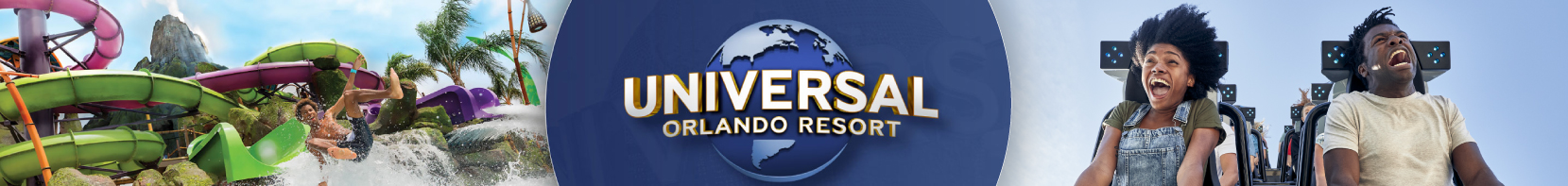 Exciting banner featuring Universal Orlando Resort, showcasing the thrills of Volcano Bay’s water slides, the iconic Universal globe, and Hollywood Rip Ride Rockit at Universal Studios Florida.
