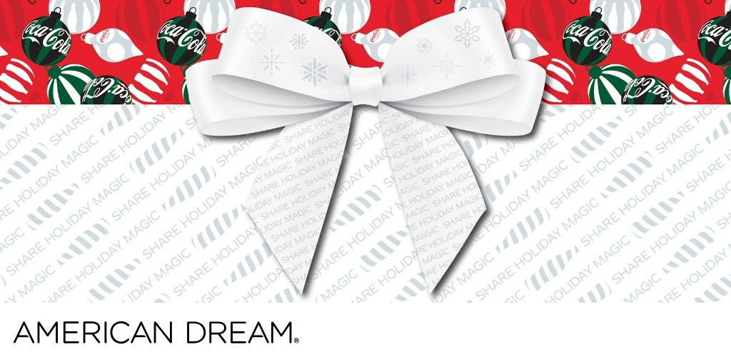 Festive holiday design with a red background, Christmas ornaments, a large white bow, and the phrase 