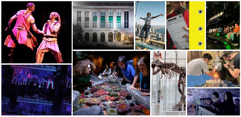 A collage of images showcasing theater performances, architecture, outdoor activities, museum exhibits, science experiments, and educational experiences.