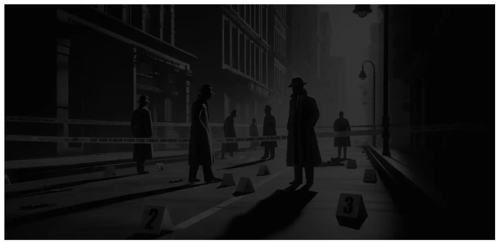 Silhouettes of people in trench coats and hats standing on a city street with police cones and crime scene tape in a dark, noir setting.