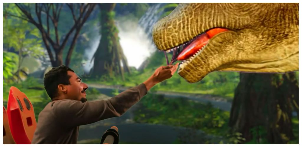 A man interacts with a large, realistic dinosaur prop in a lush, forested setting with trees and waterfalls in the background.