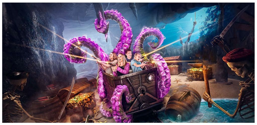 People on a pirate ship ride battling skeletons with glowing tentacles and treasure chests in a fantasy adventure setting