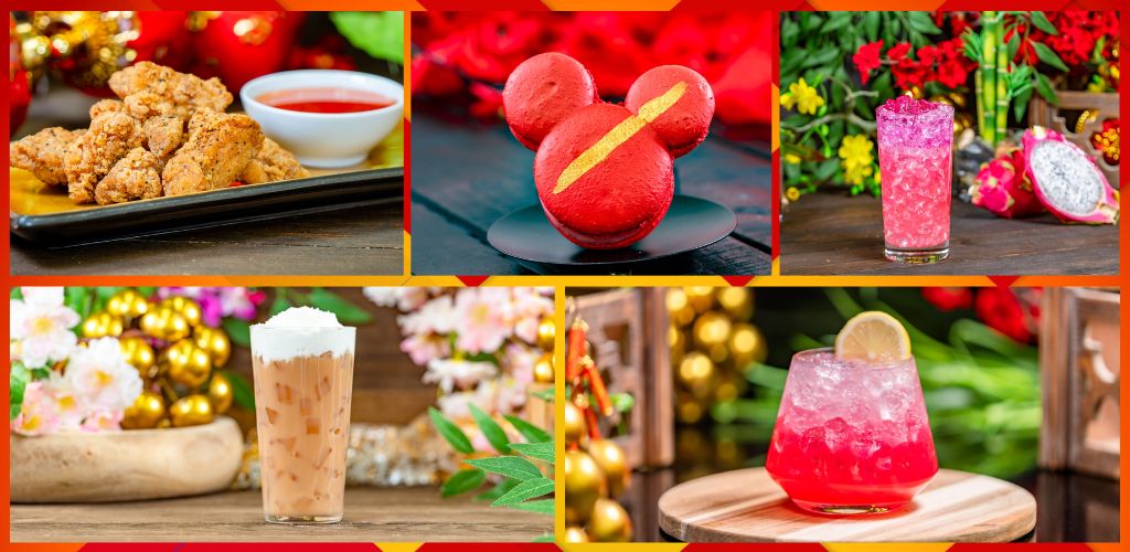 Assorted colorful holiday themed food and drink items including fried chicken, decorative cookies, beverages with fruit garnishes, and festive decorations.