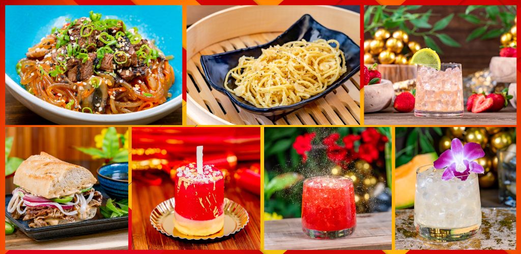 Eight food and drink images featuring Asian noodles, pasta, a cocktail, a festive drink, a sandwich, and colorful holiday beverages for funex.com.