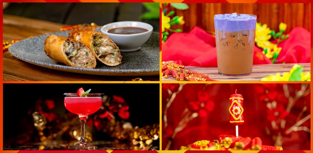 A collage of four images features a plate of egg rolls with dipping sauce, colorful festive drinks, a red cocktail glass, and a decorative red candle against a vibrant red background.