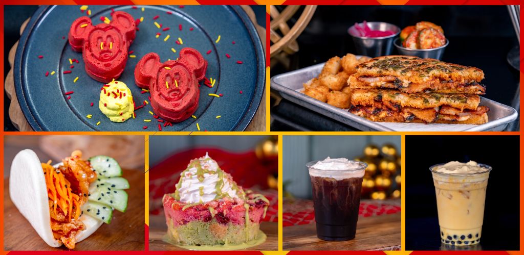 Assorted desserts and snacks, including Mickey-shaped waffles with sprinkles, layered pasta, tacos with vegetables, fruit-topped cake, and beverages with whipped cream and pearls.