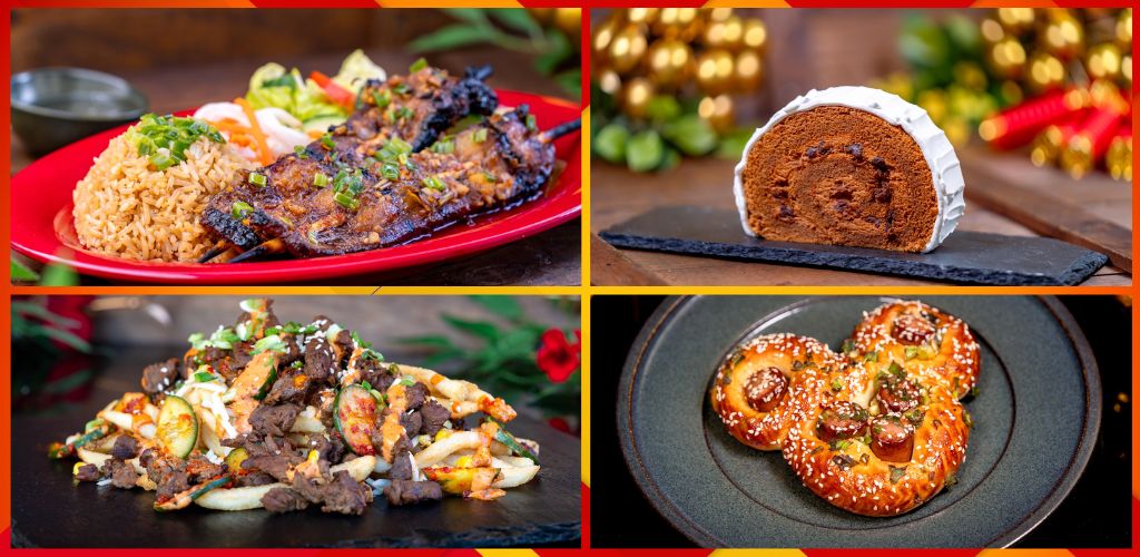 A collage of four images showing Mexican food dishes including rice and grilled meat, a chocolate roll cake, a plate of nachos with beef, and pretzels with toppings.