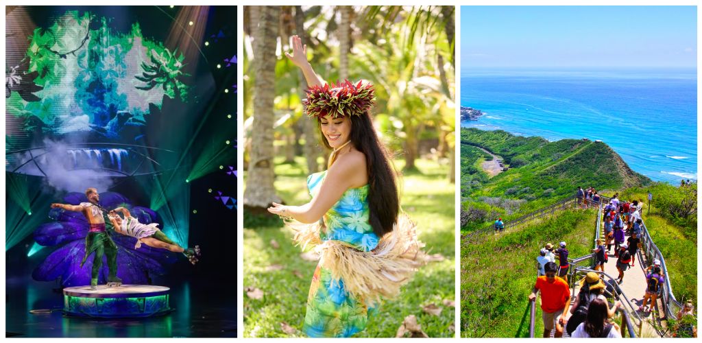 People enjoying a circus performance, a woman in traditional Hawaiian attire, and visitors walking along a coastal trail with ocean views