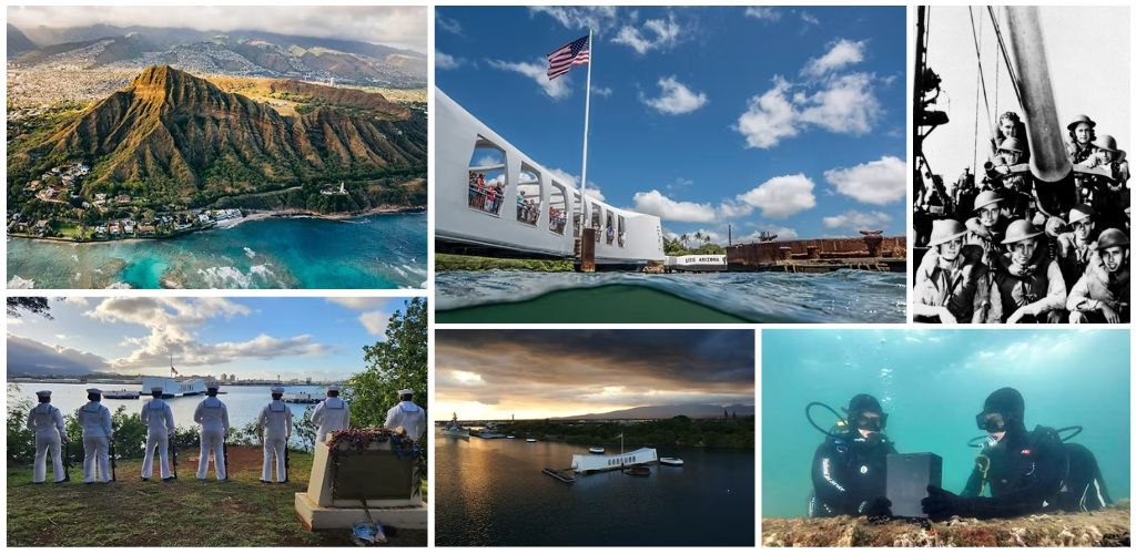 A collage of images including a mountain landscape, a historic boat, military personnel, a scenic river at sunset, and scuba divers underwater.