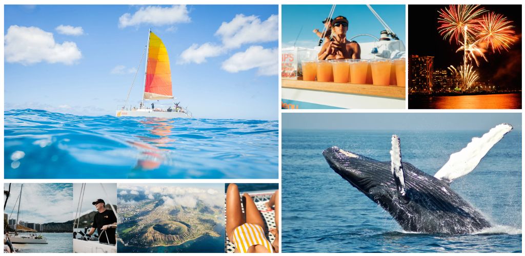 Group of images showing sailing, sailing boat, person on boat, fireworks, drinks, whale breaching, and scenic mountains and water.