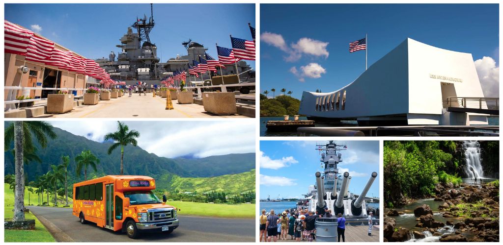 Images of military ships, a museum, a bus in a tropical landscape, a naval exhibit, and a waterfall scene at Funex com
