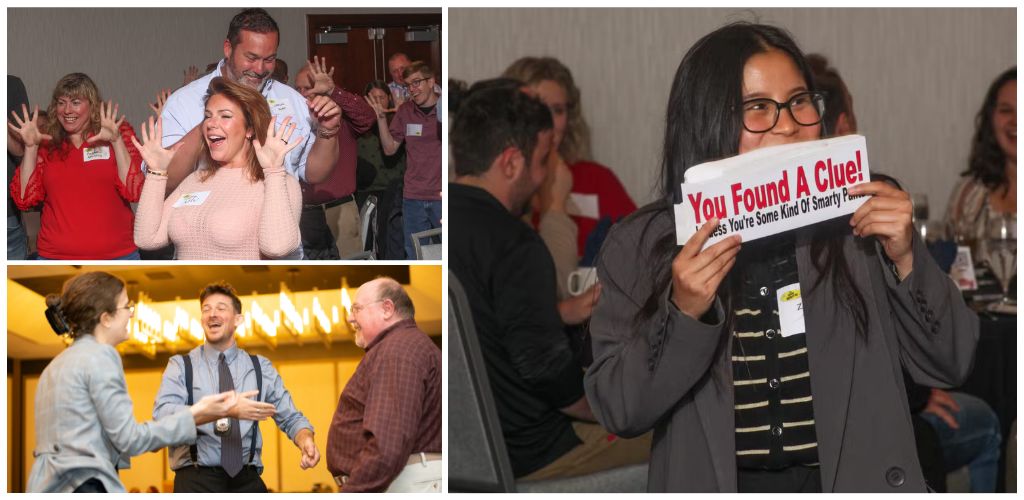 Group of people laughing and celebrating at an event, holding signs and engaging in activities with smiles and excitement.
