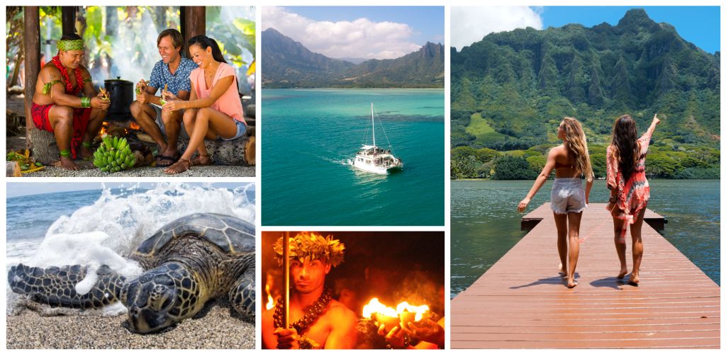 Two women walk on a wooden dock over water with mountains in the background, surrounded by lush green scenery, during daytime. Other images show a boat, a turtle, people in traditional attire, and a fire performer.