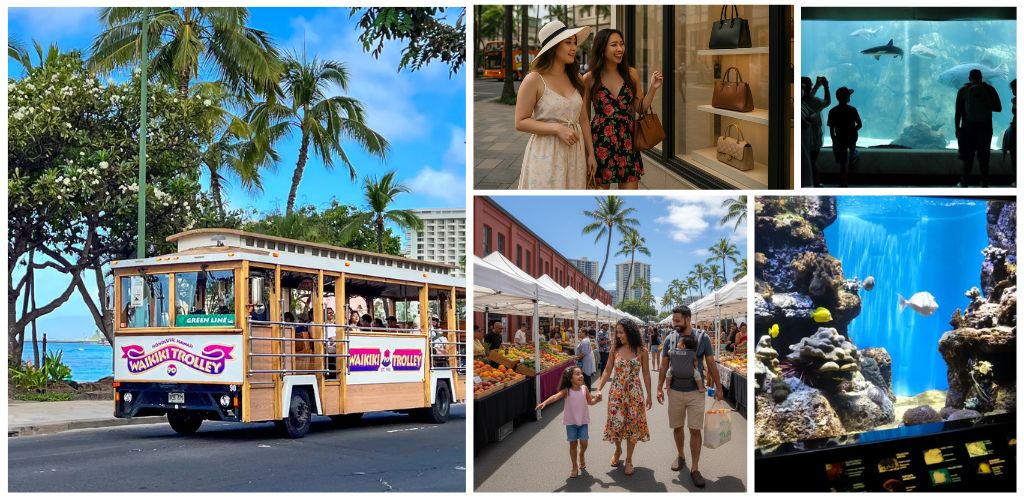 People riding a Waikiki Trolley, two women and a girl shopping at an outdoor market, two women looking at store displays, and visitors viewing an aquarium with fish and marine life.